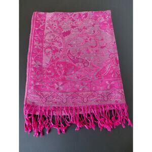 Sam Well 100% Cashmere Scarf Wrap Pink Paisley Pattern Boho Fringe Spring Travel